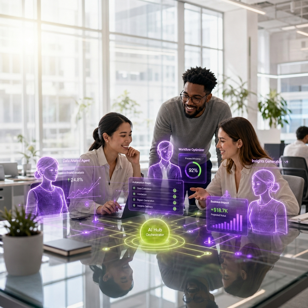 A team working together while AI agents handle the busywork around them