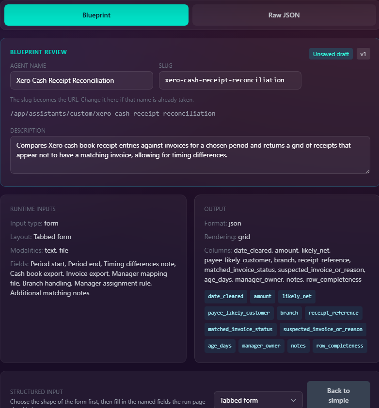 The drafted blueprint: a Xero Cash Receipt Reconciliation agent with its name, URL, description, runtime input fields and output grid columns