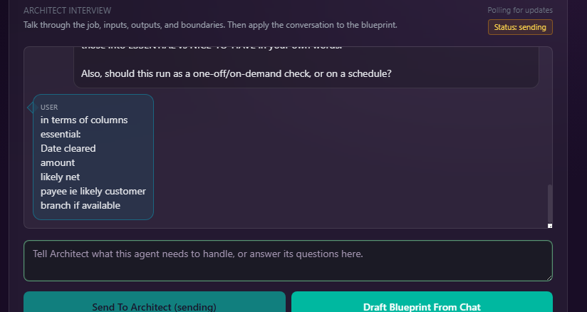 The user lists the essential grid columns in plain English: date cleared, amount, likely net, payee, branch if available
