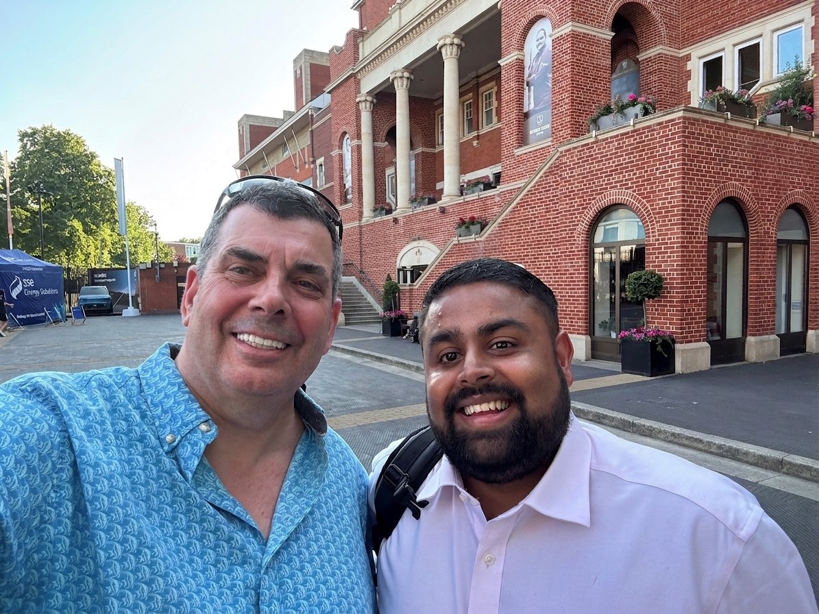 Simon Kinsey (left) with Kaush Patel outside the pavilion at The Oval cricket ground in London.